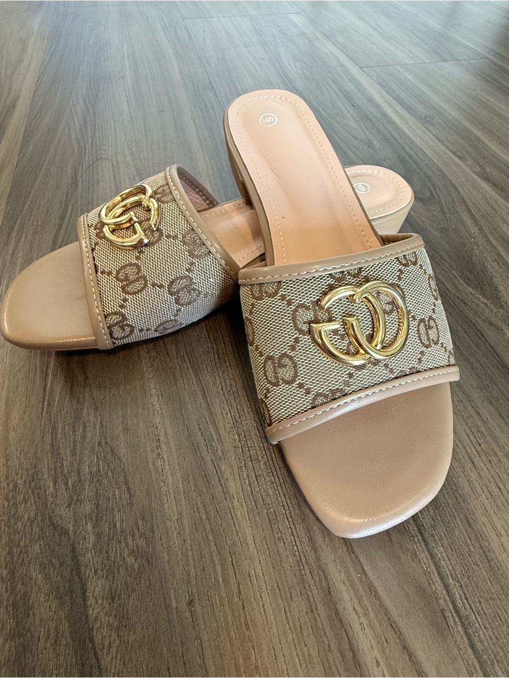 Beige Monogram Slide Sandals with Gold Hardware